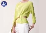 Waist Openning Ribbon Womens Knit Pullover Sweater Lemon Yellow Bat Sleeves for