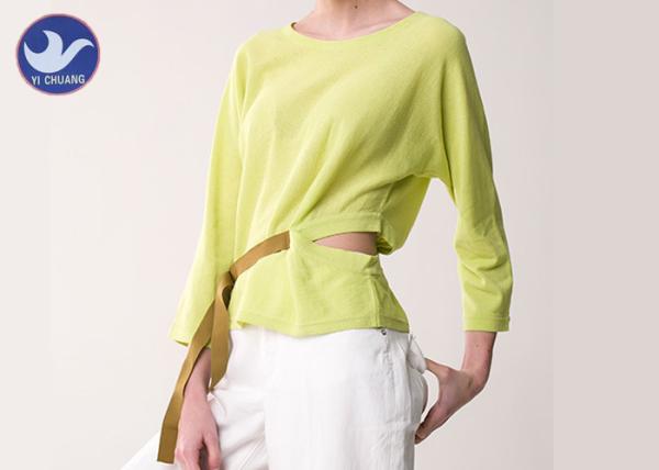 Waist Openning Ribbon Womens Knit Pullover Sweater Lemon Yellow Bat Sleeves for