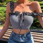 Sleeveless Ruffles Women Crop Top Vintage Plaid Style