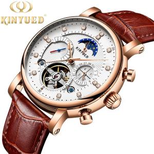 China Automatic Mechanical Watch Leather Moon Phase With Diamond Crystal Mechanical Watch For Men factory