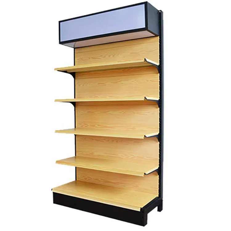Factory Custom Size Color wood grain color supermarket display rack gondola shelving with light box