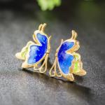 Women Fashion Blue Enamel Sterling Silver Stud Earrings with 18K Gold Plated