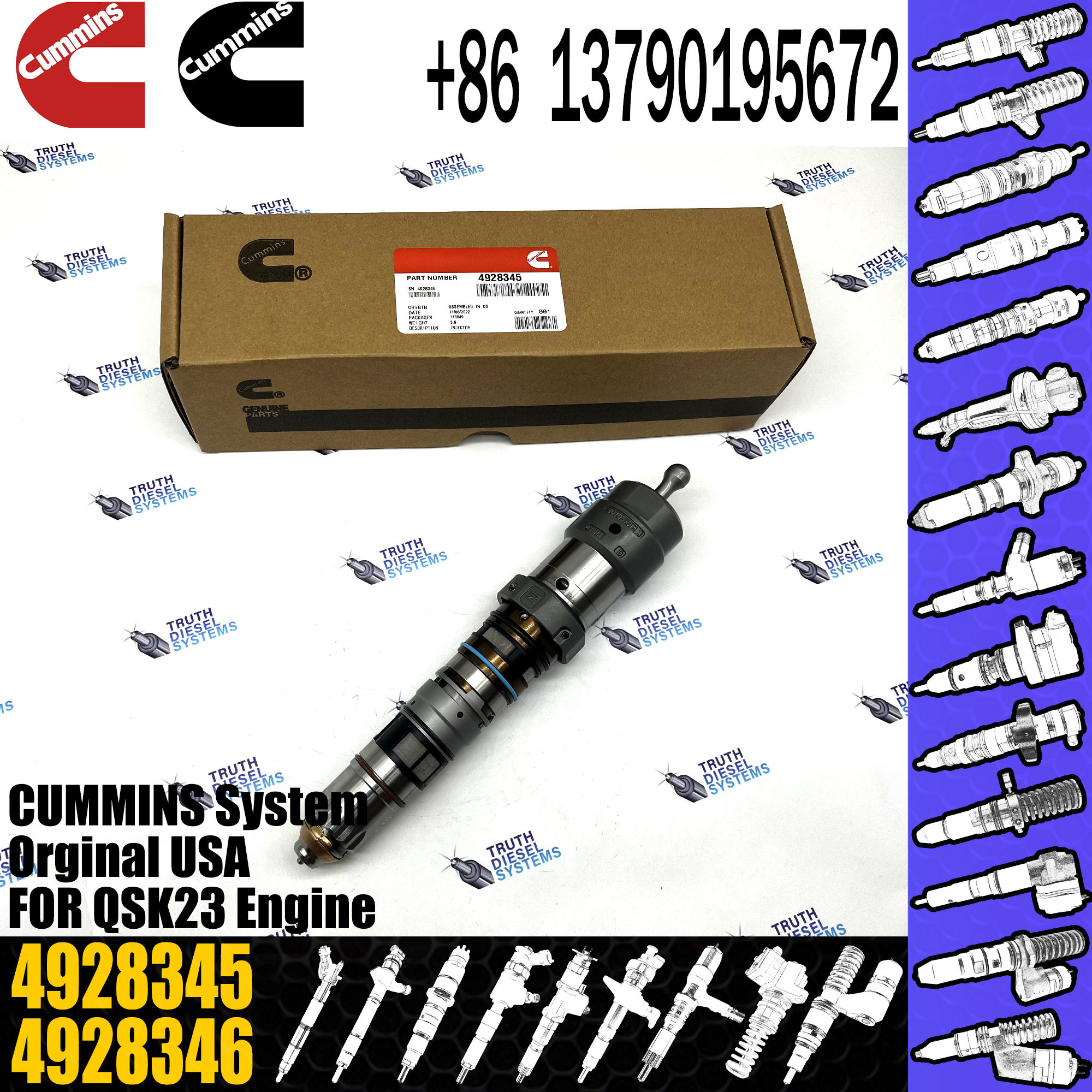 Construction Machinery Spare Parts Injector 3867762 4928345 4087886 4001830 For QSK23 Engine